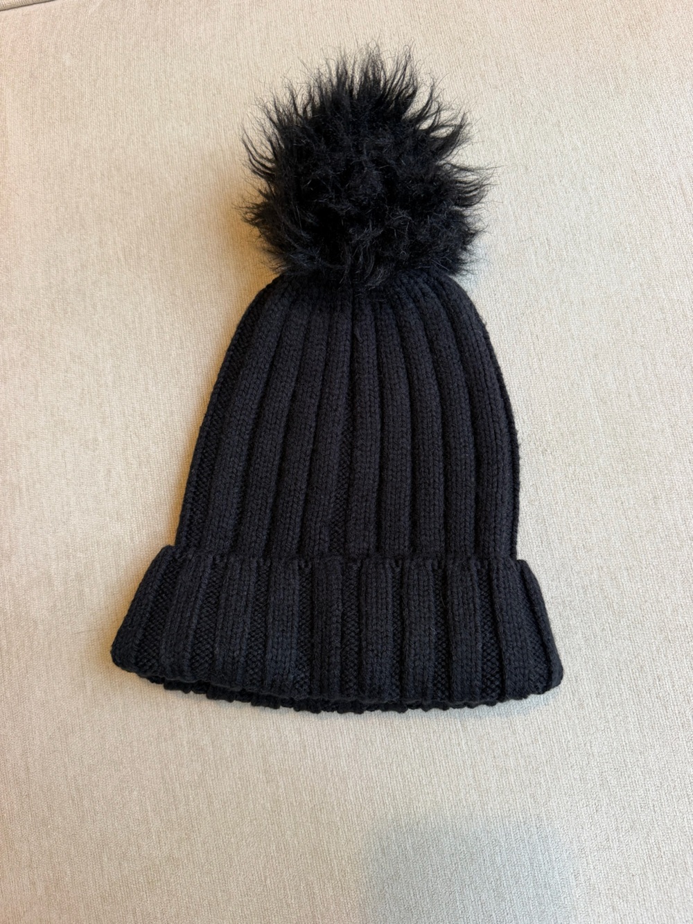 Sunday Best Black Ribbed Pom Hat with Faux Fur Pom